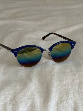Ray-Ban Blue Frame Sunglasses with Tortoiseshell Arms and Rainbow Lenses